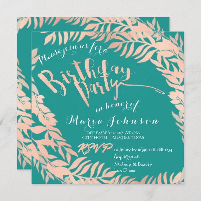 Birthday Party  Leafs Wreath Mint Teal Rose Gold Invitation (Front/Back)