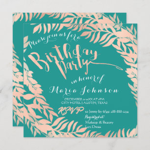 Birthday Party  Leafs Wreath Mint Teal Rose Gold Invitation