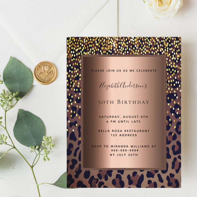 Birthday party leopard pattern bronze invitation postcard (Creator Uploaded)