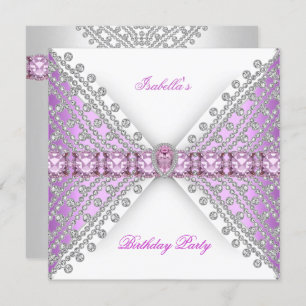 Birthday Party Lilac Pink Silver White Diamond Bow Invitation