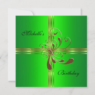 Birthday Party Lime Green Gold Gift Bow Invitation