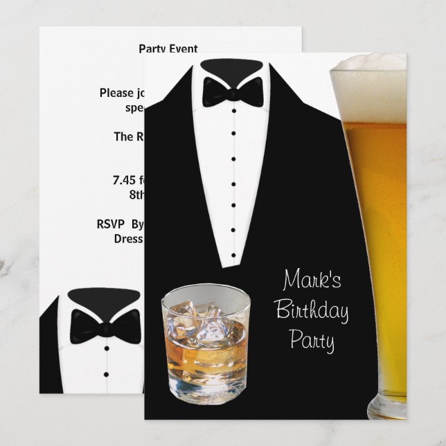 Birthday Party Mans Mens Beer Scotch Tuxedo Invitation (Front/Back)