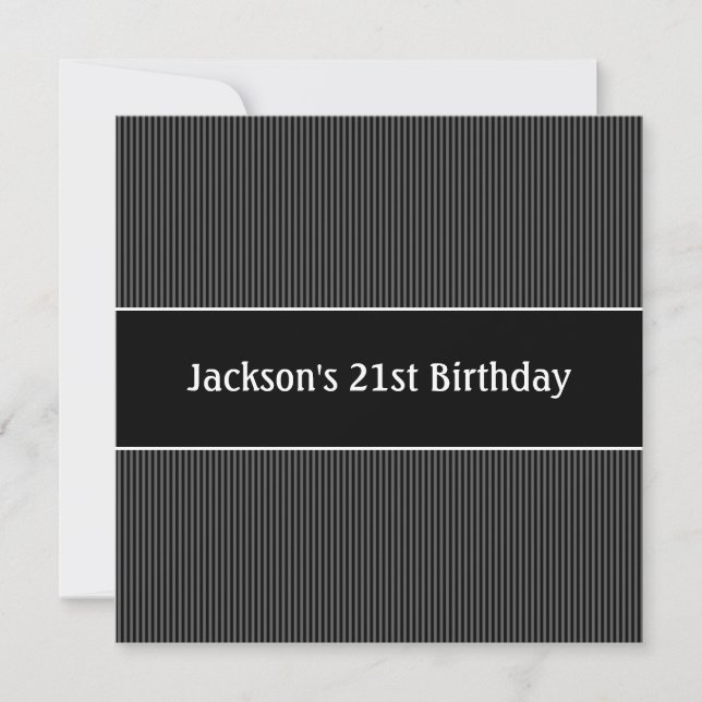 Birthday Party Masculine Black & Grey Stripes Invitation (Front)