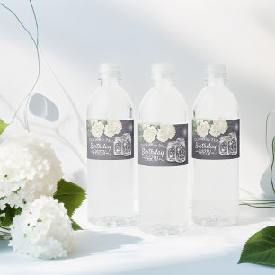 Birthday Party Mason Jars String Lights Flowers Water Bottle Label