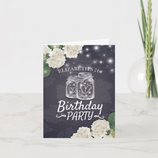 Birthday Party Mason Jars String Lights Hydrangeas Invitation (Front)