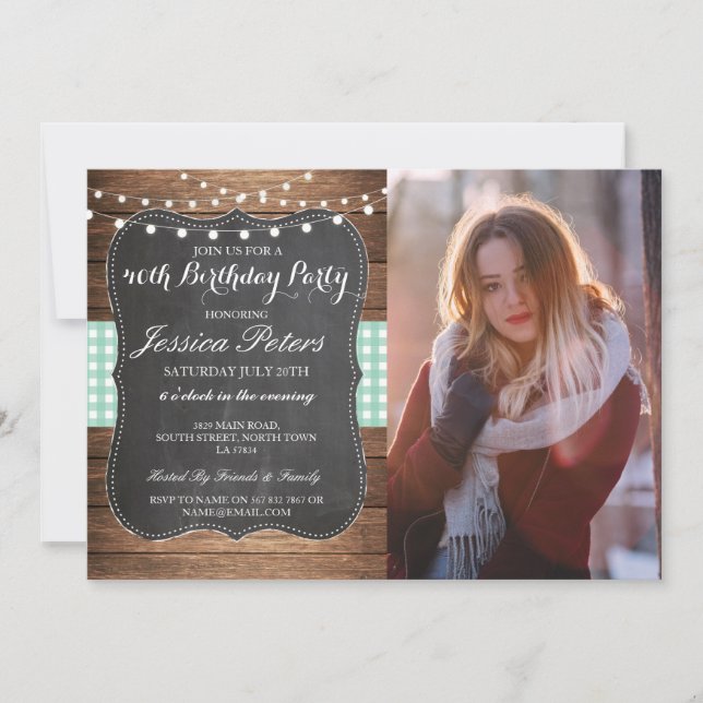 Birthday Party Mint Check Rustic Chalk Wood Photo Invitation (Front)