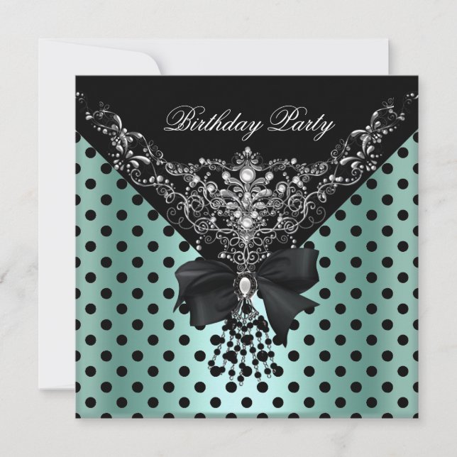 Birthday Party Mint Green Black Spot Polka dots Invitation (Front)