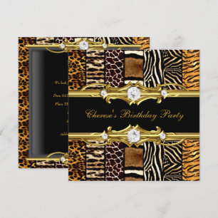 Birthday Party Mixed Animal Prints Gold Black Invitation