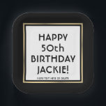 Birthday Party Modern Black, White & Gold Square Paper Plate<br><div class="desc">Add an elegant touch to birthday party decorations with custom black, white and gold square paper plates. All wording on this template is simple to personalise. The design features a square faux foil border, modern script calligraphy, and stylish vintage typography. It can be customised for any occasion or to include...</div>