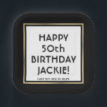 Birthday Party Modern Black, White & Gold Square Paper Plate<br><div class="desc">Add an elegant touch to birthday party decorations with custom black, white and gold square paper plates. All wording on this template is simple to personalise. The design features a square faux foil border, modern script calligraphy, and stylish vintage typography. It can be customised for any occasion or to include...</div>
