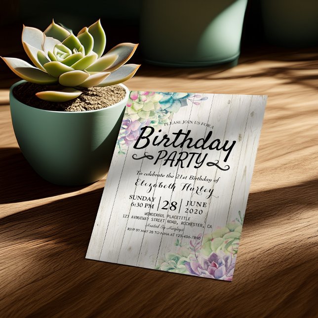 Birthday Party Modern Succulent Plants Rustic Wood Invitation (Creator Uploaded)