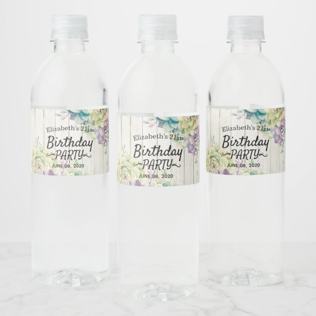 Birthday Party Modern Succulent Plants Rustic Wood Water Bottle Label (Bottles)