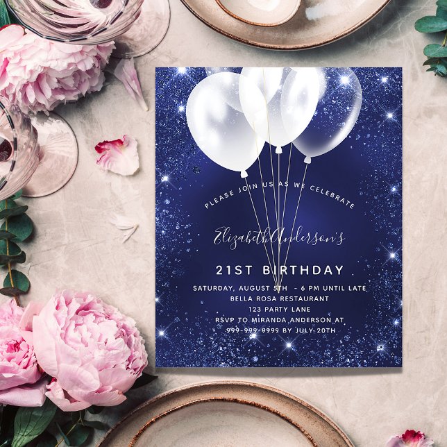 Birthday party navy blue balloon budget invitation flyer (Creator Uploaded)