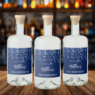 Birthday party navy blue confetti name liquor bottle label