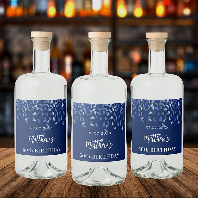 Birthday party navy blue confetti name liquor bottle label (Creator Uploaded)
