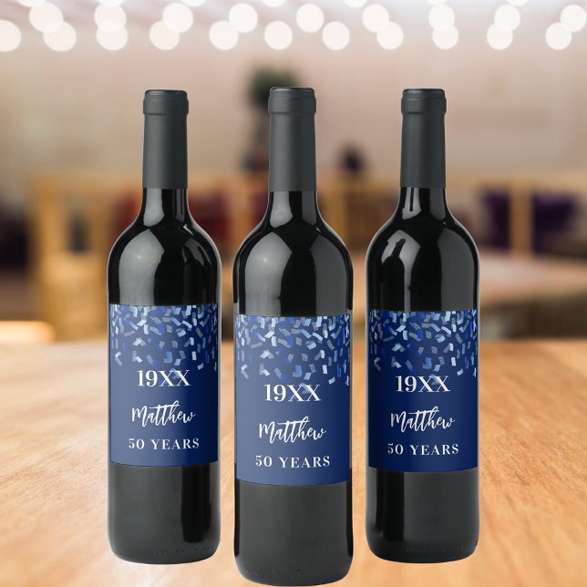 Birthday party navy blue confetti name years wine label (Creator Uploaded)
