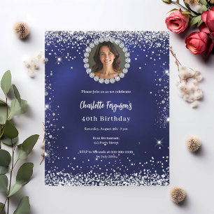 Birthday party navy blue diamond photo invitation