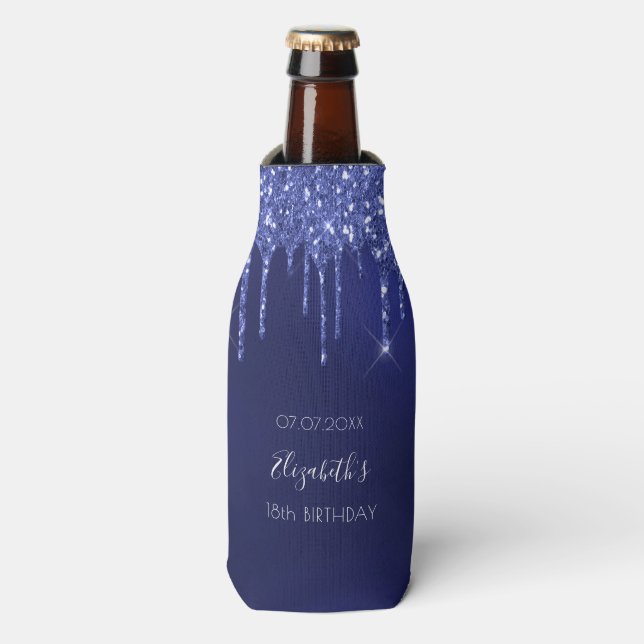 Birthday party navy blue glitter drips white name bottle cooler (Bottle Front)