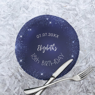 Birthday party navy blue glitter name paper plate
