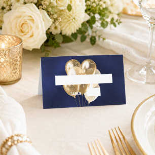 Birthday party navy blue gold balloons name place card