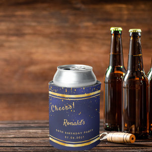 Birthday party navy blue gold cheers can cooler