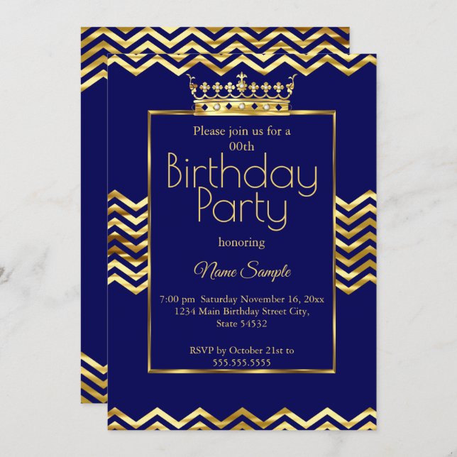 Birthday Party Navy Blue Gold Crown Chevron Invitation (Front/Back)