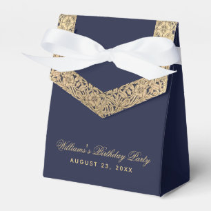 Birthday Party  Navy Blue Gold Roses Classy Script Favour Box