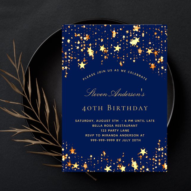 Birthday party navy blue gold stars luxury invitation (Creator Uploaded)