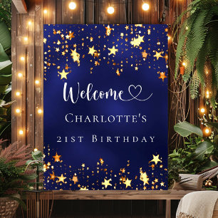 Birthday party navy blue gold stars welcome poster