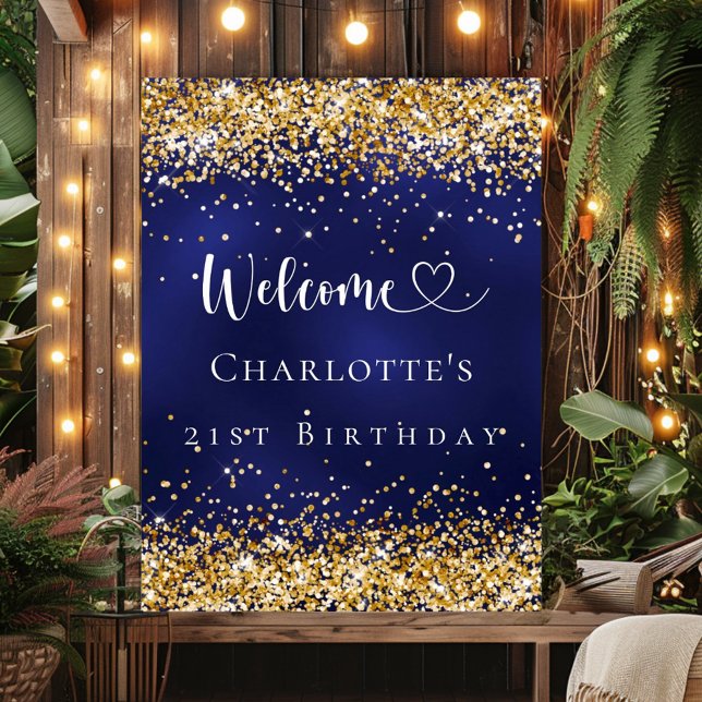 Birthday party navy blue gold welcome poster (Creator Uploaded)