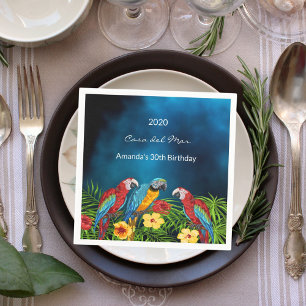 Birthday party navy blue parrots house name napkin