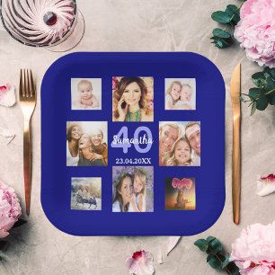 Birthday party navy blue photo collage woman paper plate