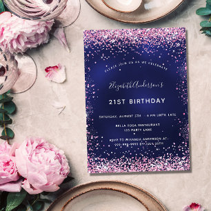 Birthday party navy blue pink glamourous invitation