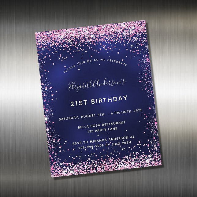 Birthday party navy blue pink invitation magnet (Creator Uploaded)