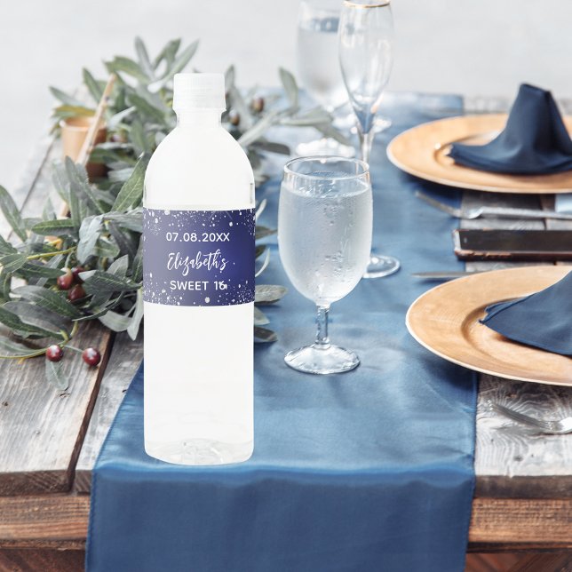 Birthday party navy blue silver sparkles water bottle label (Creator Uploaded)
