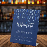 Birthday party navy blue welcome pedestal sign<br><div class="desc">For a 50th (or any age) birthday party.  Navy blue background,  white text.  Decorated with blue confetti.  Personalise and add a name and age.</div>