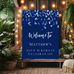 Birthday party navy blue welcome poster<br><div class="desc">For a 50th (or any age) birthday party.  Navy blue background,  white text.  Decorated with blue confetti.  Personalise and add a name and age.</div>