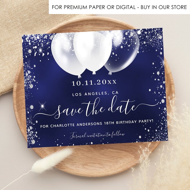 Birthday party navy blue white budget save date flyer (Creator Uploaded)