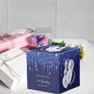 Birthday party navy blue white glitter balloons favour box