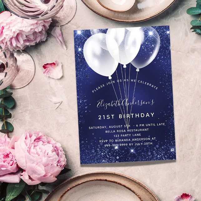 Birthday party navy blue white glitter balloons invitation postcard (Creator Uploaded)