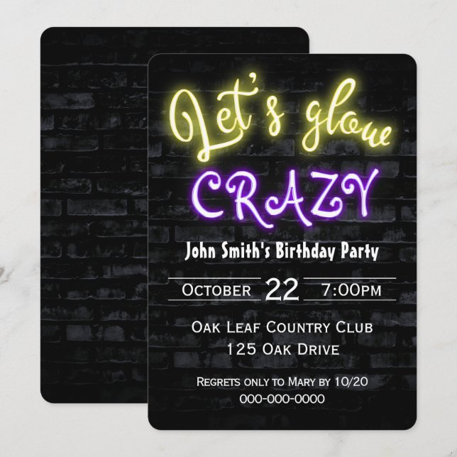 Birthday Party Neon Glow Sign on Brick Wall Invitation (Front/Back)