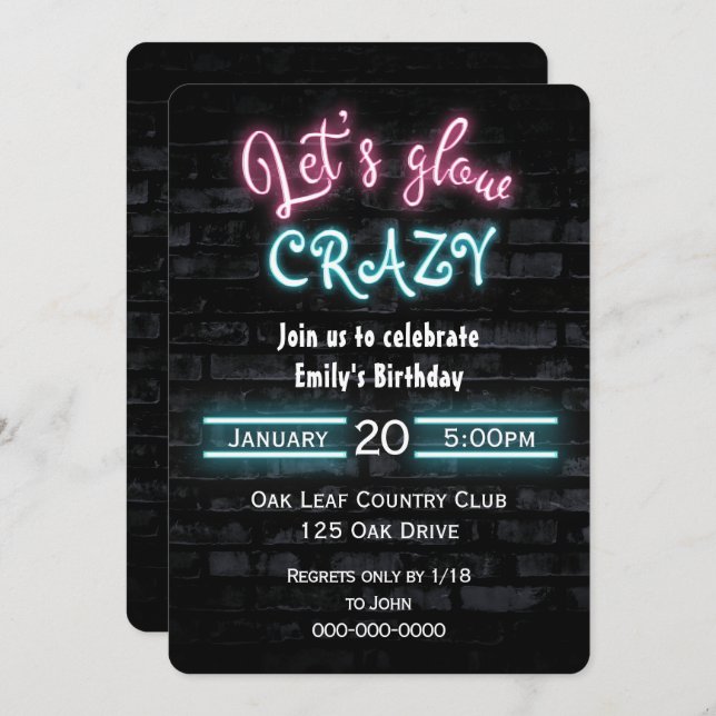 Birthday Party Neon Sign on Brick Wall Invitation (Front/Back)