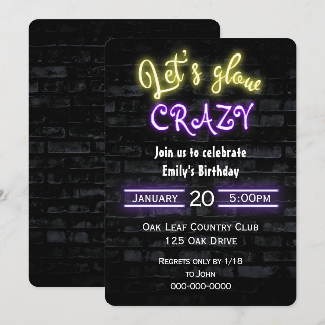 Birthday Party Neon Sign on Brick Wall Invitation (Front/Back)