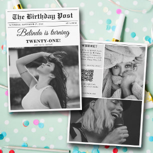 Birthday Party Newspaper Fun Black & White Photo Invitation