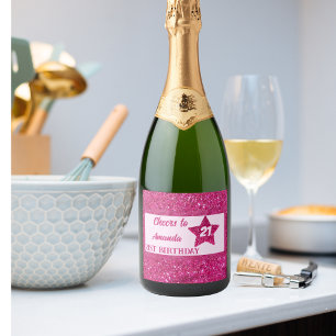 Birthday Party Night Pink Glitter women  Sparkling Wine Label