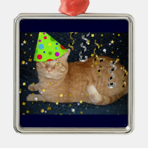 Birthday Party Orange Tabby Cat Metal Ornament