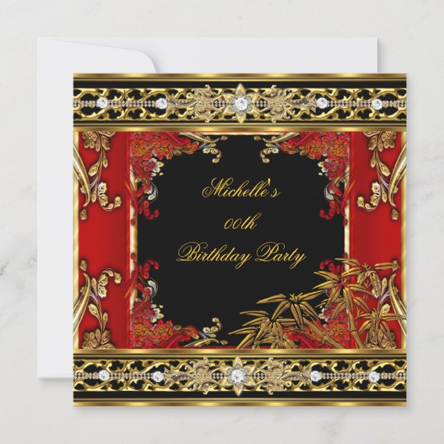 Birthday Party Ornate Red Asian Gold Bamboo Image Invitation (Front)