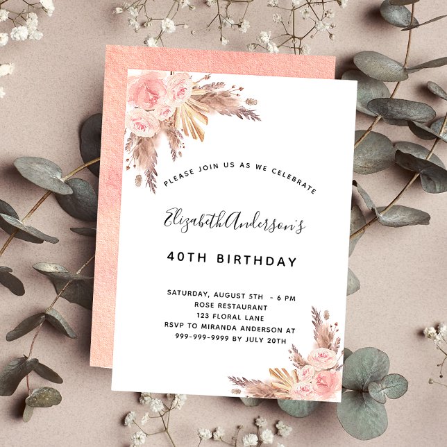 Birthday party pampas grass rose gold blush floral invitation (Creator Uploaded)