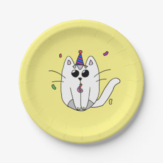 Birthday party paper plates with CheesPuff the cat