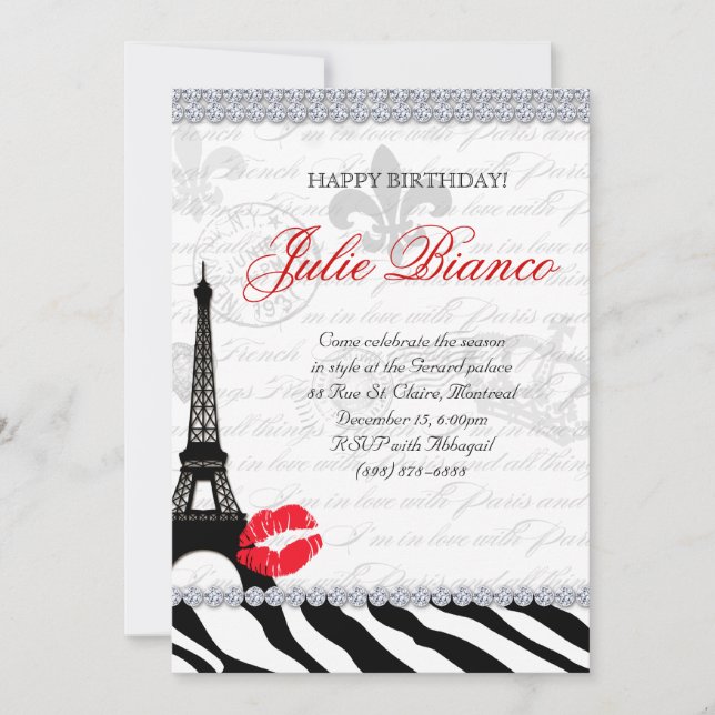 Birthday Party Paris Card Eiffel Tower Zebra Red (Front)